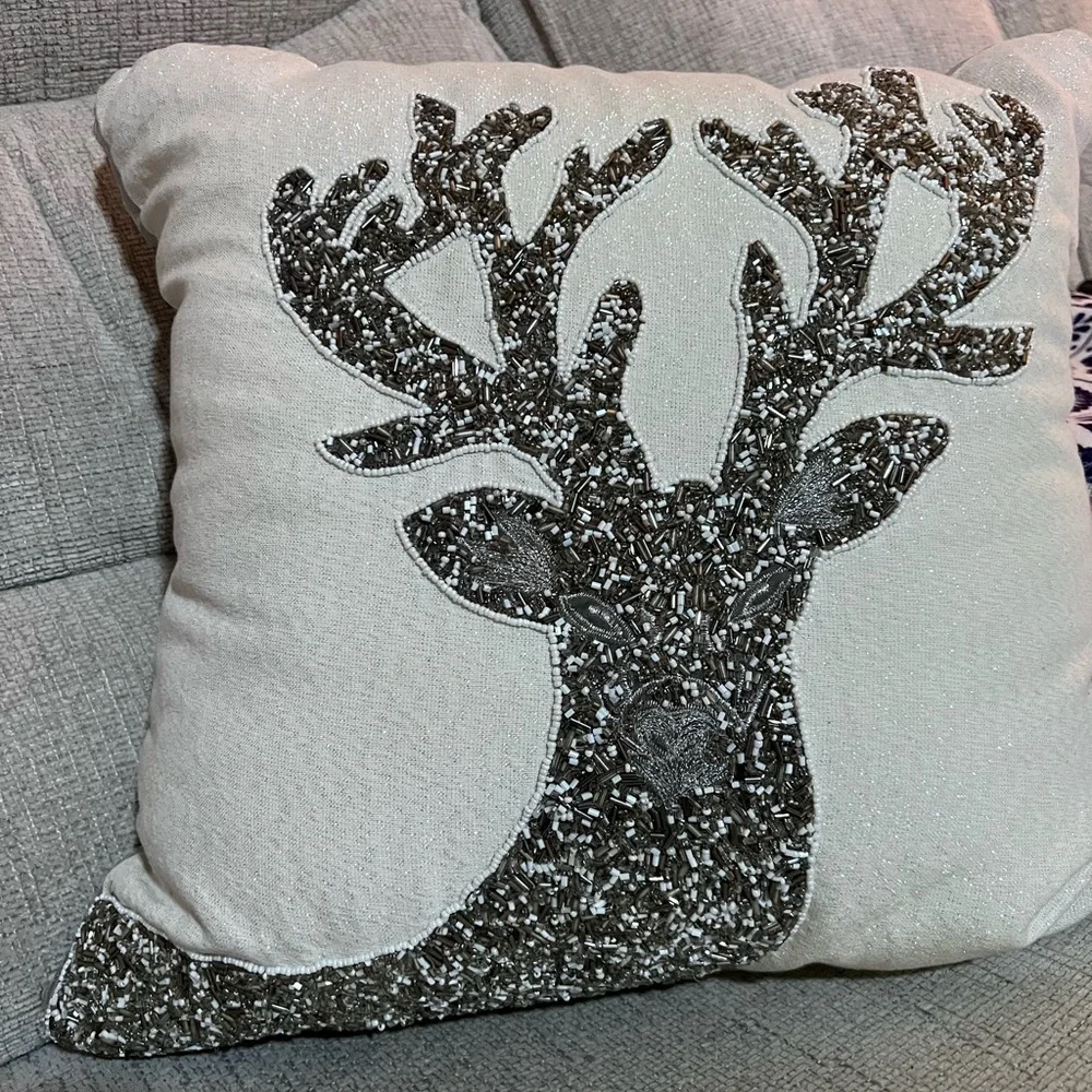 Pier One Elegant Silver beaded Reindeer/ Stag Holiday/Christmas Pillow 18X18